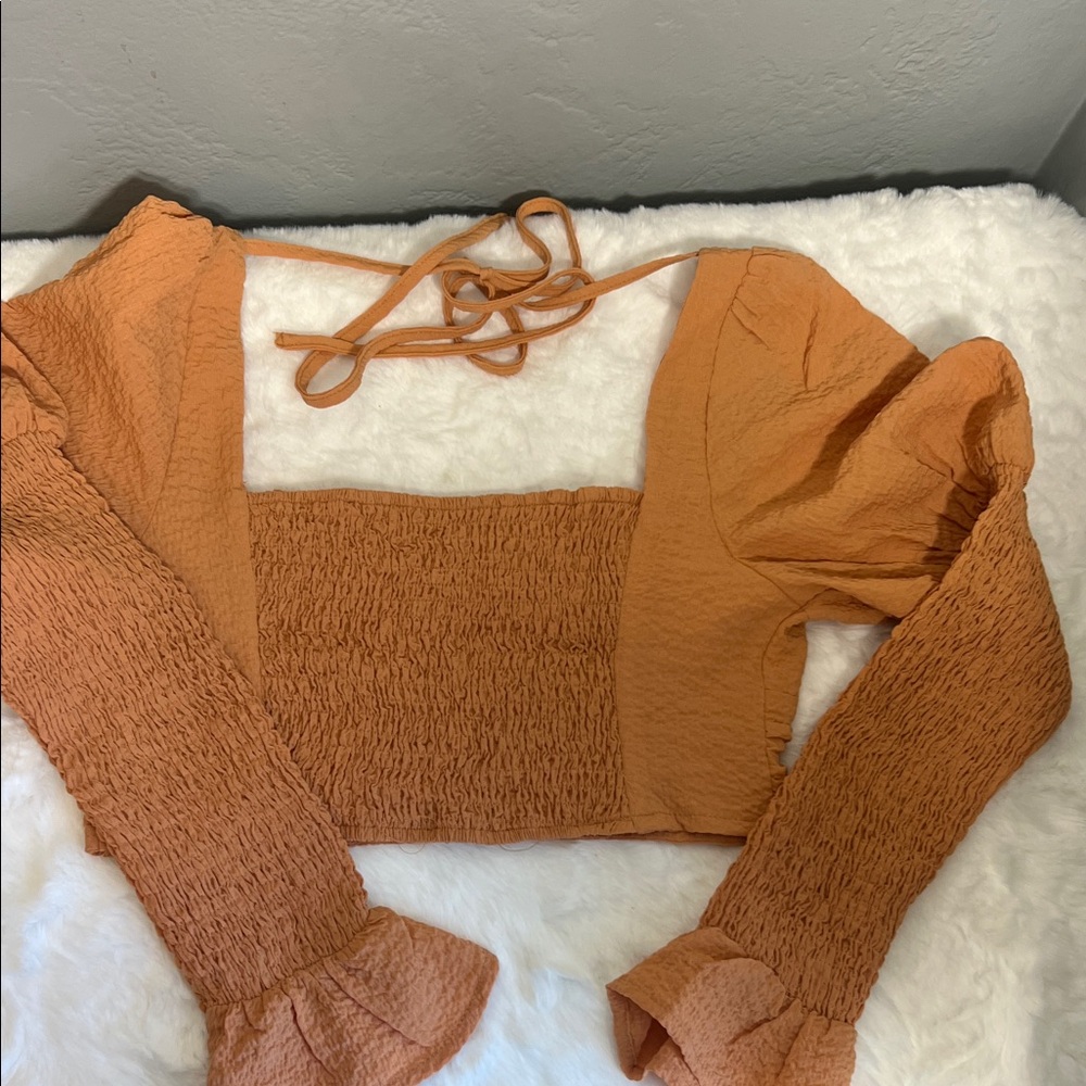 SHEIN Rust Orange Smocked Long Sleeve Crop Top size M